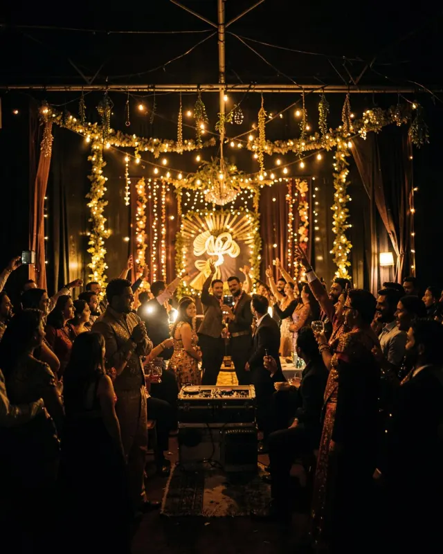 Guests celebrating under warm festive lights