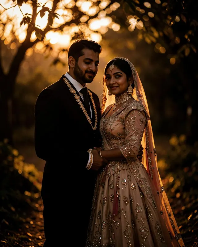 Couple portrait outdoors at golden hour